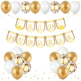 Eid Decorations for Home, Eid Mubarak Decorations, Ramadan Kareem Banner Bunting with 14PCS Balloons, Ramadan Eid Mubarak Decorations, Eid Festival Party Supplies