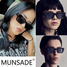MUNSADE Trendy Rectangle Sunglasses for Women Men Retro Square Chunky Frame Sun Glasses Designer Style UV Protection ((2 Pack) Black/White Grey)