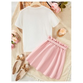 Floerns Girl's 2 Piece Outfit Figure Graphic T Shirt and Belted Button Skirt Set White and Pink 9Y
