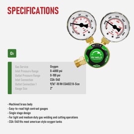 RX WELD Oxygen Regulator Welding Gas Gauges CGA 540 Inlet Oxy for V-Style Torch Cutting Kit, PC-Handle