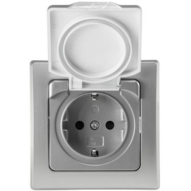 DELPHI Socket IP44 with Protection Lid Flush-Mounted Wet Room Rubber Seal Grey Silver