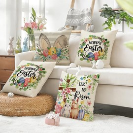 RABUSOFA Easter Pillow Covers 18x18 Inch Outdoor Indoor Waterproof Set of 4,Easter Decorations for Home Stripes He is Risen Bunny Floral Eggs Spring Holiday Decor Throw Case for Couch Gray