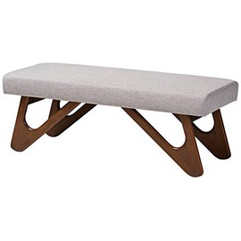 Baxton Studio Rika Greyish Beige Upholstered Walnut Brown Boomerang Bench