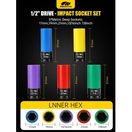 MIKKUPPA 1/2" Drive Lug Nut Socket Set - 5 Pieces Metric 17 19 21 mm & SAE 13/16 7/8 IN Non-Marring Thin Wall Wheel Protector Impact Socket Tool Kit