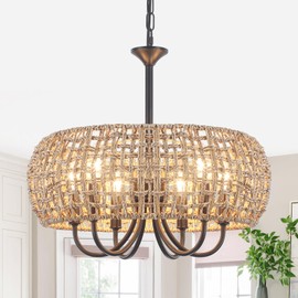 Generies Farmhouse Chandelier for Dining Room 6-Light Boho Pendant Light Fixture Rattan Woven Coastal Chandelier Light Fixtures for Kitchen Island Bedroom Living Room