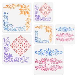 DOODLREAM 6 Pack Corner Stencil Templates Reusable Plastic Damask Border Stencils for Painting on Wood Wall Floor Fabric Glass Furniture, DIY Home Decor Craft Stencils