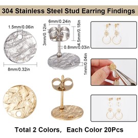 SUNNYCLUE 1 Box 80 Pieces 40 Pairs Flat Round Earring Posts Stainless Steel Earring Posts with Loop Silver Gold Stud Earrings Blank Stud Earrings for Jewellery Making Accessories DIY Dangle Earrings