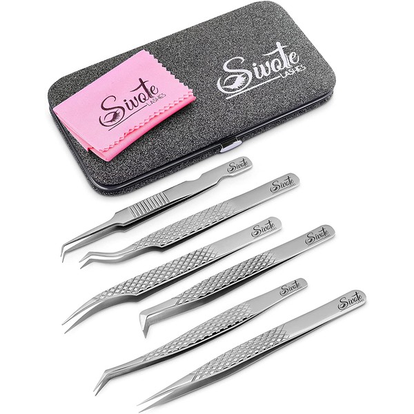 SIVOTE 6-Pack Professional Lash Extension Tweezers Set Japanese Steel, Silver