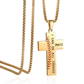HattiDoris Baseball Cross Necklace for Boys Stainless Steel Chain 22+2 inch Bible Verse PHILIPPIANS 4:13 I CAN DO ALL THINGS Baseball Cross Pendant Inspirational Baseball Jewelry Gift for Men（Gold）