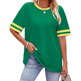 WIHOLL Womens Tops Color Block Sleeve Summer Short Sleeve Crew Neck Tee Oversized Tshirts for Women Green Clothes S