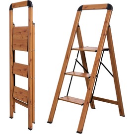 Step Ladder 3-Step Woodgrain Finish Aluminum Folding Step Ladders Wide Pedal,Anti-Slip for Home & Kitchen Office 330 lbs