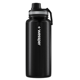 Wessper Stainless Steel Drinking Bottle, 1 Litre, Leak-Proof Thermos Flask, BPA-Free with 3 Lids, Black, Elegant Sports Water Bottle, Insulated Flask, Children, Adults, for Camping, Cycling, Sport
