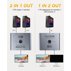 Vilcome DisplayPort Switch 8K Splitter, Plug & Play, One-Button Switching, Bidirectional Display Port Switcher Box 2 in 1 Out/ 1 in 2 Out, 8K@60Hz, 4K@120Hz, 1080P@240Hz for PC Monitor Laptop (Gray)
