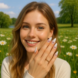 24pcs Press On Nails Almond Shape French Tip White Red Heart False Nails Medium Length Instant Manicure Fake Nail Tips for Women Girls