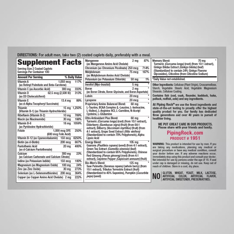 Piping Rock Multivitamin Men Over 50 | 200 Caplets |