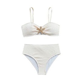 RoseSeek Girl's 2 Piece Padded Bathing Suit Wireless Starfish Swimsuit Spaghetti Strap Vacation Beachwear Set Apricot 12Y