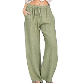 utcoco Women's Cotton Linen Drawstring High Waisted Pants Casual Loose Fit Wide Leg Trousers (XL, Green)