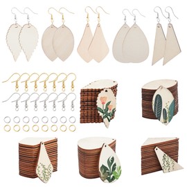 SUNNYCLUE 5 Styles 100Pcs Wooden Earring Charms Unfinished Natural Wood Leaf Teardrop Pendants with Earring Hooks & Jump Rings for Beginners DIY Earring Making Jewellery Crafts Adults