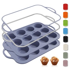 2 Packs 12 Cups Silicone Muffin Pan with Metal Reinforced Frame Regular Size Cupcake Pan Tray Egg Bites Silicone Circle Cookie Molds Muffin Tin Tart Pans Baking Sheet Set for Breakfast Sandwiches