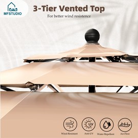 MFSTUDIO 10ft 3 Tier Patio Outdoor Umbrella, Market Table Sun Shade Umbrellas for Backyard Deck Poolside, Auto-tilt, Beige