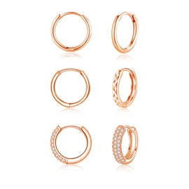 Zolkamery Earrings Hoops, 3 Pairs 925 Sterling Silver Hoop Earrings Set for Women, Rose Gold Hypoallergenic Sleeper Hoop Huggie Earring with Zircon, Small Unisex Multi Pierced Earring for Men 12mm