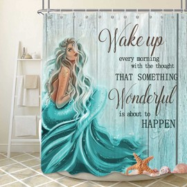 Teal Mermaid Shower Curtain, Mermaid Tail Quote Inspirational Fabric Shower Curtains Set for Little Girls Women Bathroom, Nautical Ocean Theme Restroom Decor Accessories with Hooks 72X72inches