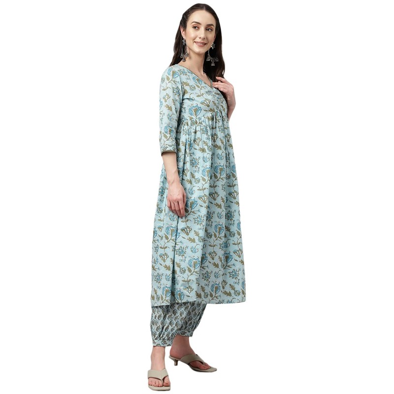 FIORRA Kurta acampanada de algodón puro con pantalón para mujer,