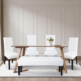FORCHEER Dining Chair Covers and Bench Covers Set Waterproof White Jacquard Washable Parsons Chair Slipcover Removable Seat Protector for Dining Room- 4 PCS Chair Cover+1 PC Bench Cover