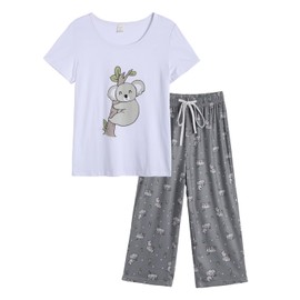 YIJIU Women's Pajama Sets Plus Size Short-Sleeve Sleepwear Top with Capri Pants 2 Piece Pjs Set Nightwear,Koala,XL