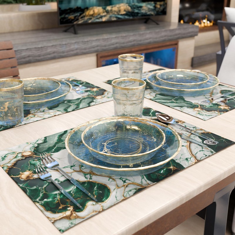 MARBLELIZED - Washable American Placemats, Emerald Marble Effect Fabric Placemats,