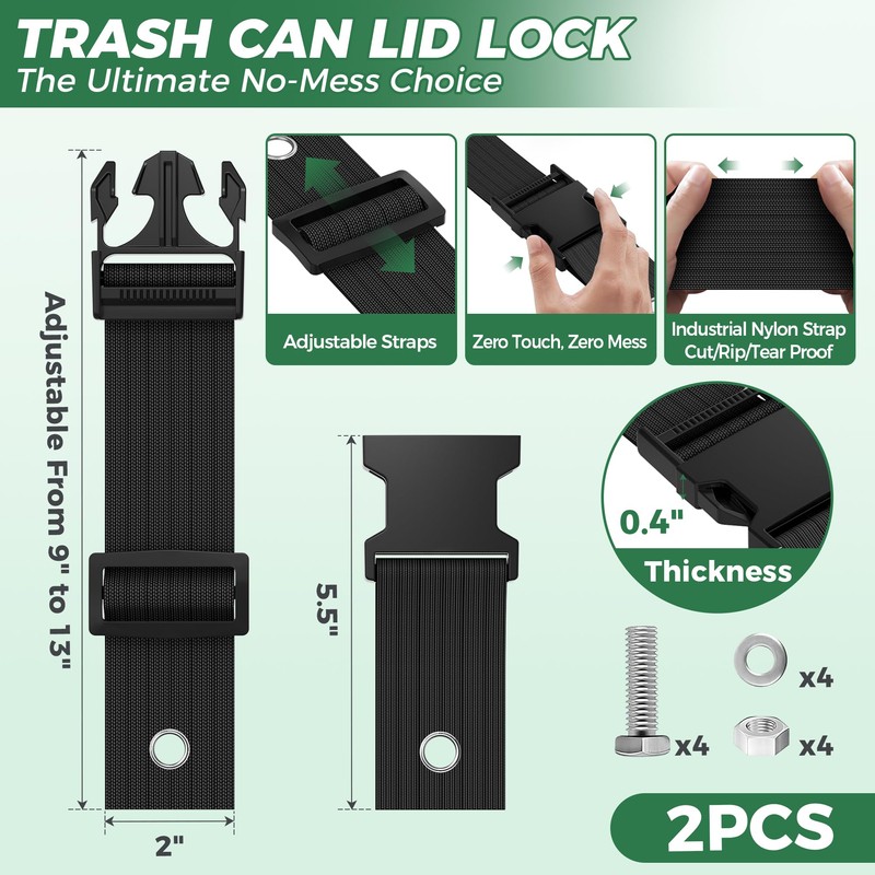 Bear Proof Trash Can Lock，Heavy-Duty Adjustable Garbage Bin Lid Locks