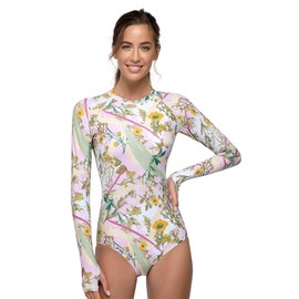 AXESEA Womens Long Sleeve Rash Guard UV UPF 50+ Sun Protection Printed Zipper Surfing One Piece Swimsuit Bathing Suit