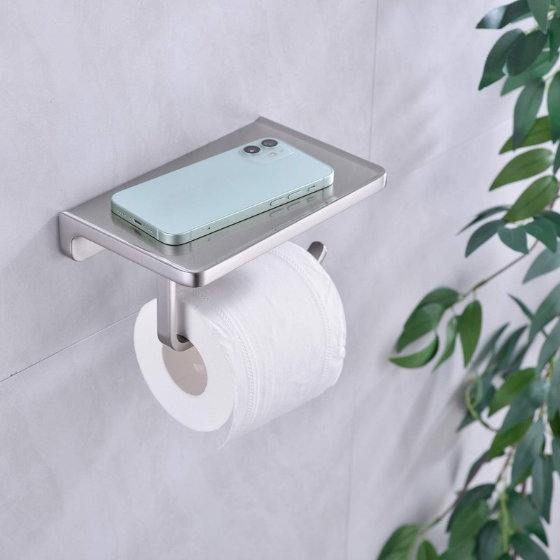 Toilet Paper Holder with Phone Shelf Solid Metal Bathroom Wall