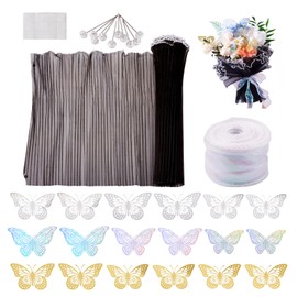 FASHEWELRY - Kit de papel de regalo de ramo de flores de 4.37 yardas, papel de malla con ramo de cintas iridiscentes, decoración de mariposas para boda, cumpleaños, regalo de bricolaje