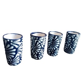 Tequila shot glasses, Handmade Tequila Set Includes 4 Ceramic 100% Mexican,wooden tray. (Blue)