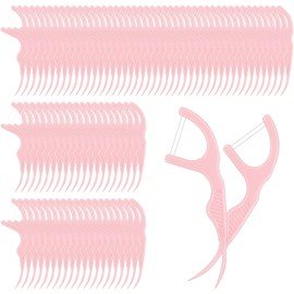 Baderke 100 Count Dual Line Floss Picks Dental Floss Picks Bulk Non Breakable Toothpicks Floss Picks Double String Tooth Picks Flossers for Adults Teeth Cleaning Family Travel(Pink)