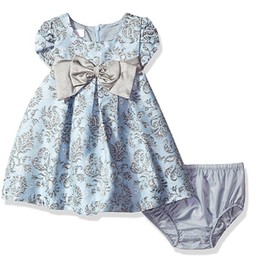 Bonnie Baby Baby Girls' Baby Girls Short Sleeved Brocade Float with Taffeta Bow, 12M Blue