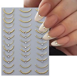 IDDFEVE Rhinestone Studded French Line Nail Art Stickers - 3 Colors Gold Sliver Black Crystal Diamond Self-Adhesive Curved Stripes Nail Decals, French Tips Guides for DIY Manicure (3 Sheets)