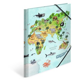 HERMA 19593 Collector's Folders A4 Nursery Animals World Map Pack of 3 Children's Corner Folder Made of Cardboard with Inner Print and Elastic Band, Sturdy Cardboard Folders Set for Boys and Girls