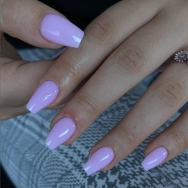 KQueenest Gel Press on Nails Short Medium Coffin, Solid Color Fake Nails Nails Press ons, Short Ballerina Glue on Nails With Glazed Finish, Simple Acrylic Nails For Finger, Lilac