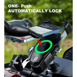 Kewig Motorcycle Fork Stem Phone Mount with Qi 15W Wireless Charger & USB C 20W Fast Charging Port, One-Push Automatically Lock & Quick Release Handlebar Phone Holder for 4.0-6.9" Phone