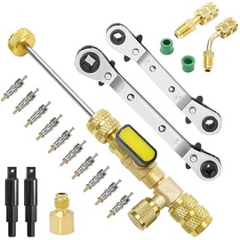 Valve Core Remover Installer Tool and HVAC Service Wrench Set with Hex Bit Adapters, R410A Adapter 5/16 Female 1/4 Male Flare, 3/8'' to 1/4'', 5/16'' x 1/4'' Refrigeration Service Wrench (Set B)