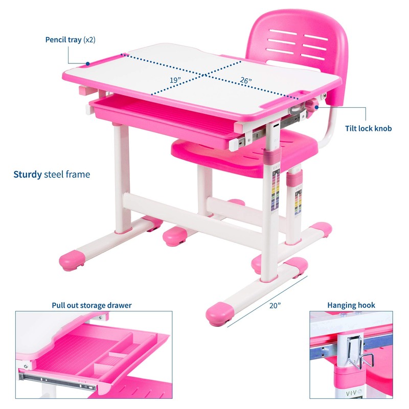 VIVO Pink Height Adjustable Children's Desk and Chair Set |