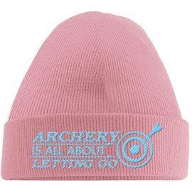 Hippowarehouse Archery It's All About letting go Embroidered Beanie Hat Pink with Baby Blue Stitch