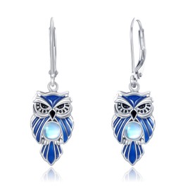 Moonstone Owl Earrings for Women Sterling Silver Dangling Owl Earrings Owls Moonstone Dangle Earrings Owls Jewellery Gifts for Women Teenager Girls Owl Lovers, Sterling Silver
