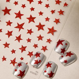 Independence Day Nail Stickers 3D Glitter Red Star Nail Sticker Decals 4th of July Nail Art Supplies for Women & Girls Patriotic 3D Self-Adhesive Manicure