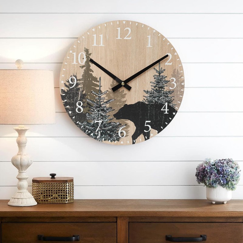 SwallowLiving Cabin Bear Wall Clock 12 Inch Silent Non Ticking