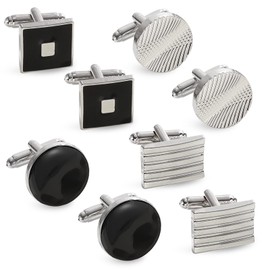 4Pairs Cufflinks for Men, Classic Men Cuff Links, Gentlemen's Disc Square Rectangle Cufflinks Fashion Tone Cuff Links, Retro French Striped Shirt Suit Button Cuff Link for Business Wedding Gift