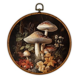 iEFEY Cottagecore Moss Mushroom Wall Decor, Vintage Moody Dark Academia Woodland Mushroom Hanging Framed Canvas Wall Art, Rustic Forest Agaric Decorations for Home Living Room 10"x10"