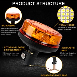 AOHEWEI LED Warning Light Amber 4 Flashing and 2 Rotating Patterns 12/24V 16 Pieces LED Flash Lamp for Agricultural Machinery, Commercial Vehicles, School Buses, Tractors, Excavators, Trucks